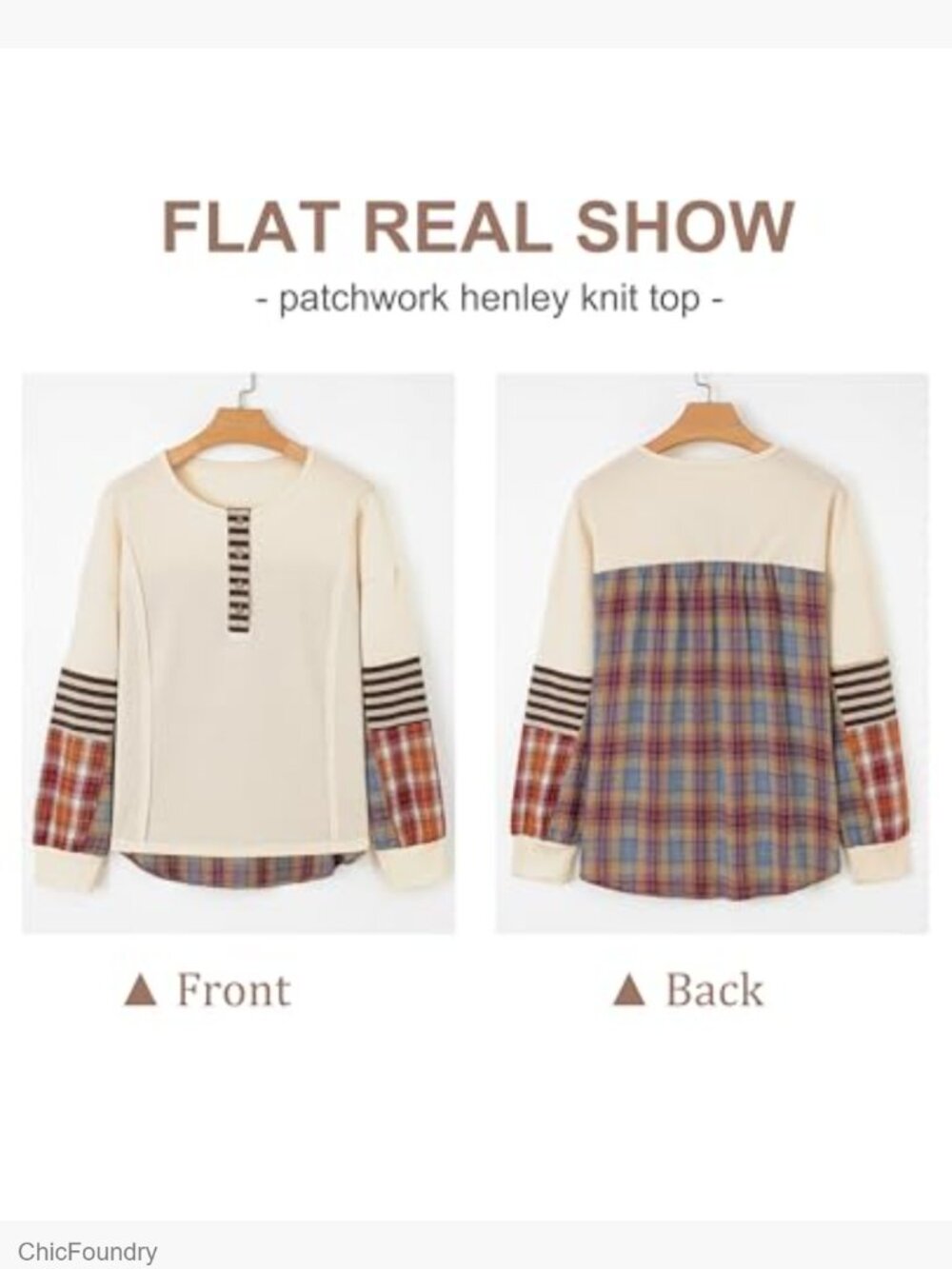 Long Sleeve Henley Waffle Knit Top Patchwork Sweatshirt Relaxed Fit - Picture 3 of 7